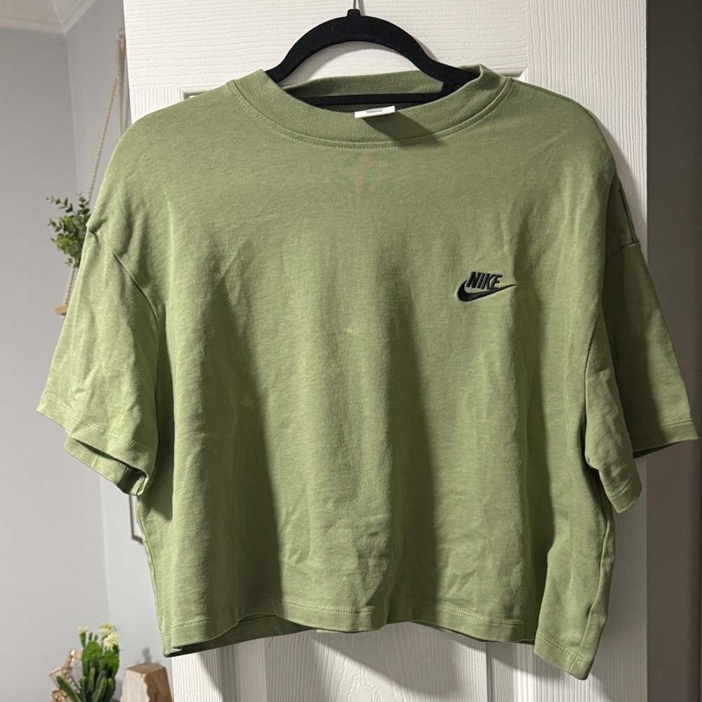 Nike Olive Green Cropped Boxy Tee with Chest Logo *slightly bleached*